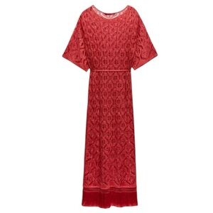 Zara- NWT Red Crochet Shortsleeve Fringe Trim Midi Swimsuit Coverup Dress